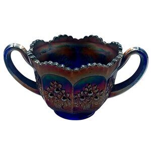 Antique Fenton Orange Tree Cobalt Blue Iridescent Carnival Glass 2 Handled Sugar